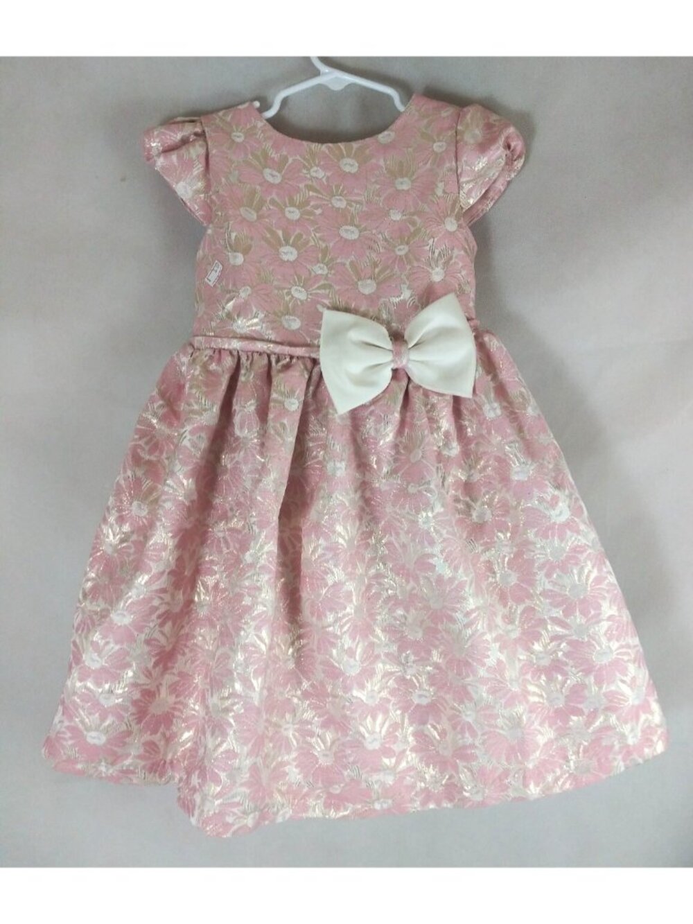 Jayne Copeland Beautiful Pink Floral Metallic Dress With Bow Girls Size 5